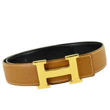 Load image into Gallery viewer, Hermes Brown x Black Leather x Gold-tone H Buckle Thin Belt - 01412