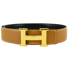 Load image into Gallery viewer, Hermes Brown x Black Leather x Gold-tone H Buckle Thin Belt - 01412