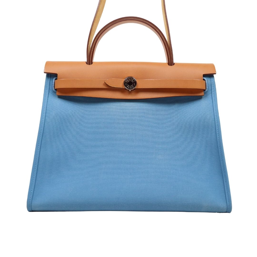 Hermes PHW HerBag PM 2way Shoulder Handbag Canvas Blue De Malte