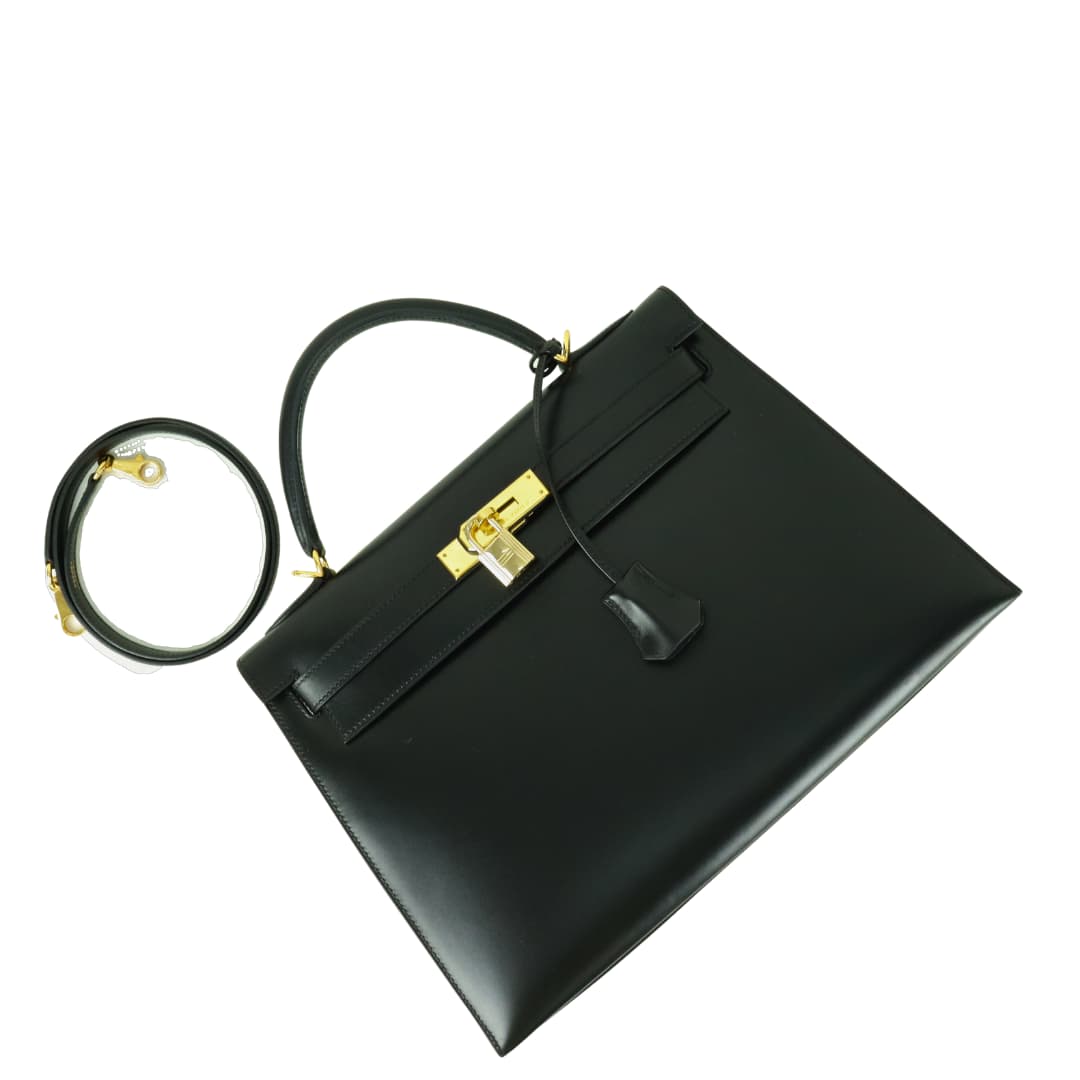 Hermes Kelly 32 Outer Stitched Box Calf Handbag Black Gold Metal