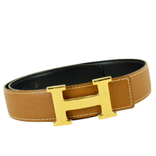 Load image into Gallery viewer, Hermes Brown x Black Leather x Gold-tone H Buckle Thin Belt - 01412
