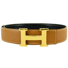 Load image into Gallery viewer, Hermes Brown x Black Leather x Gold-tone H Buckle Thin Belt - 01412