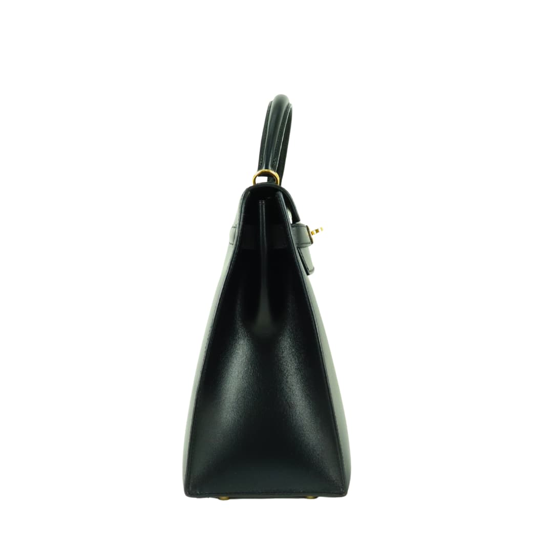 Hermes Kelly 32 Outer Stitched Box Calf Handbag Black Gold Metal
